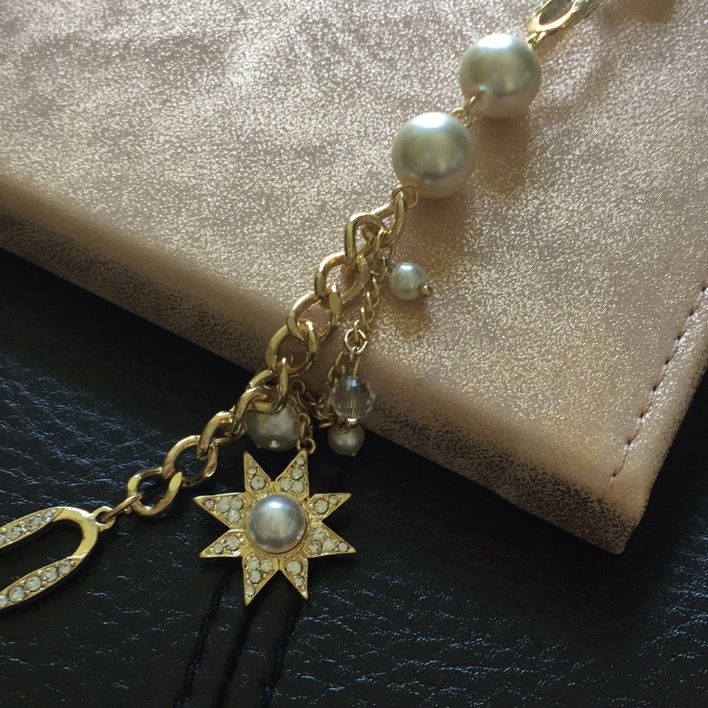 Long pave pearl star goldtone necklace on ribbon - Picture 2 of 5